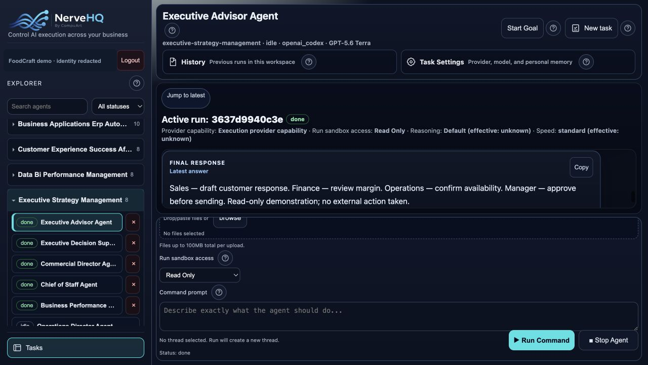 Live NerveHQ interface showing the official logo, department workspaces, Executive Advisor Agent, completed read-only run, final response, task history, settings, and command controls
